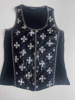 Platinum Plush Womens Black Sequin Cross Zip Vest Studded Biker Y2K Goth